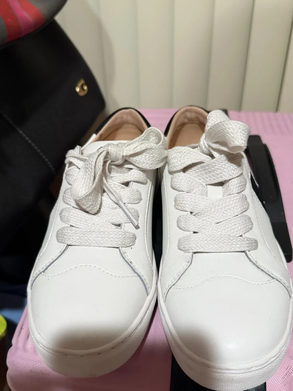 kate spade White Leather Sneakers with Black Heart Accent